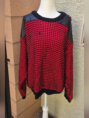 Vintage Leeman Red and Black Knit Sweater with Leather Shoulders